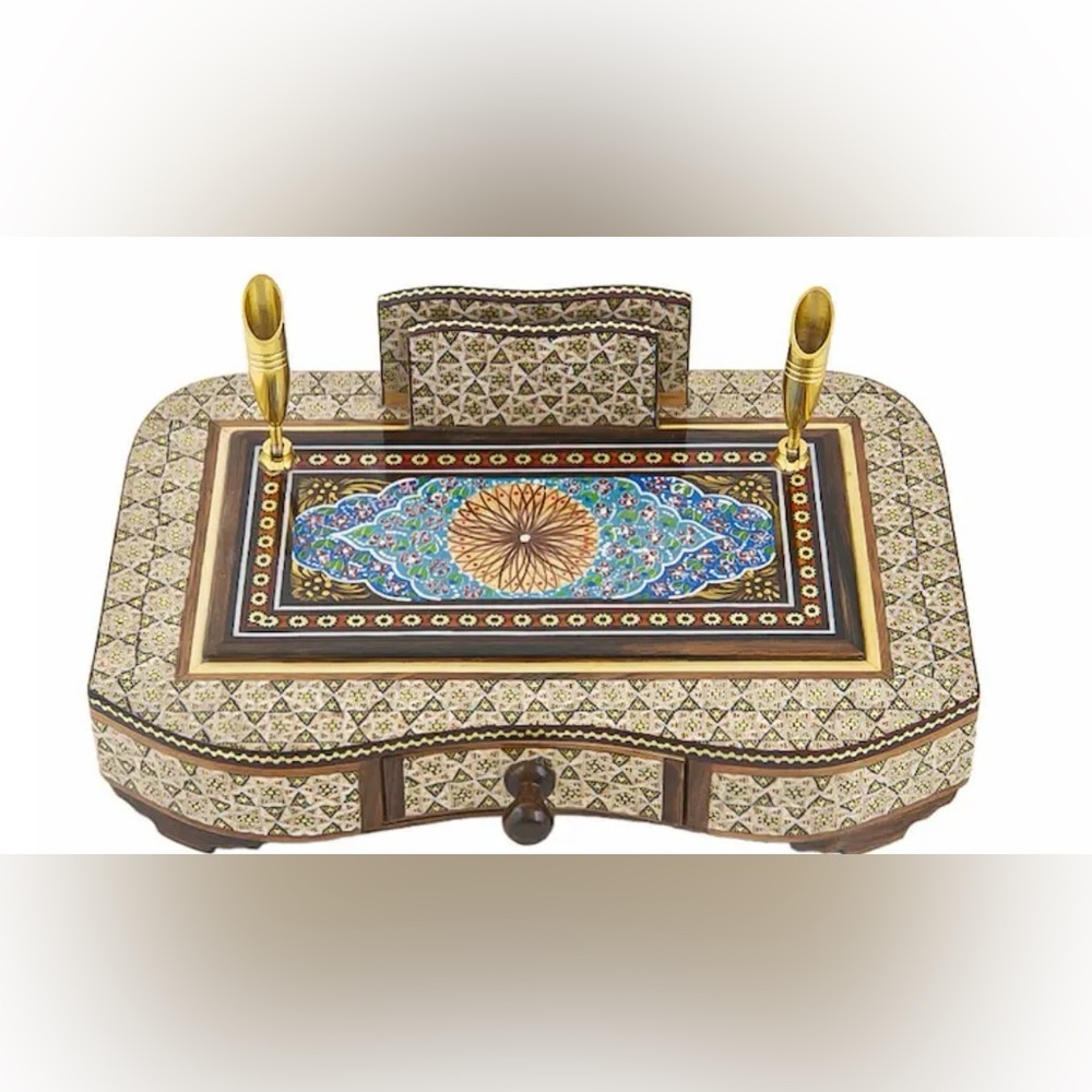 Hand Made Custom Khatam Tazhib Pen Holder with Small Drawer- hand painted - new